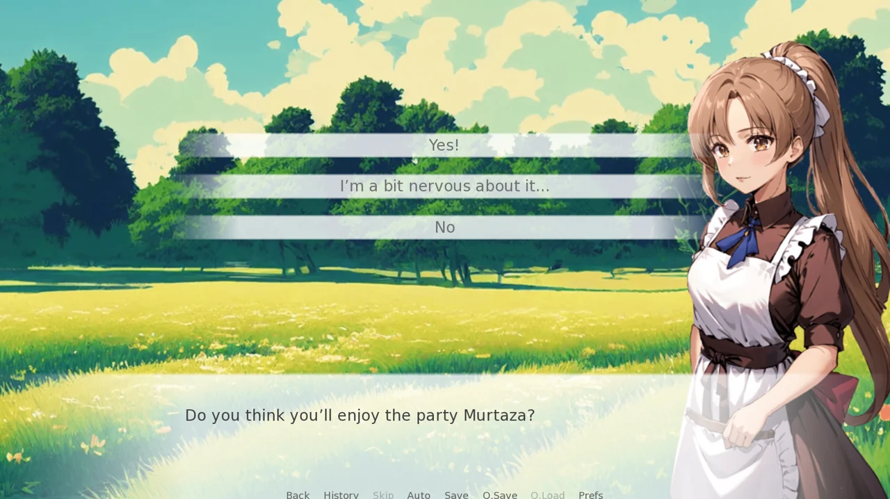 Fingers Crossed visual novel scene with a character and branching choices